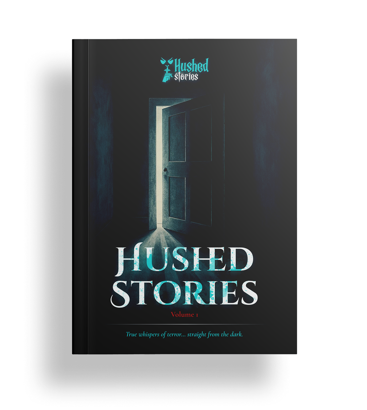 Book cover of 'Hushed Stories' with a dark background and open door